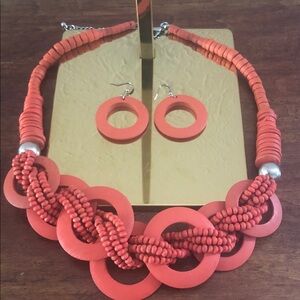 Orange Beaded Necklace and Earring Set